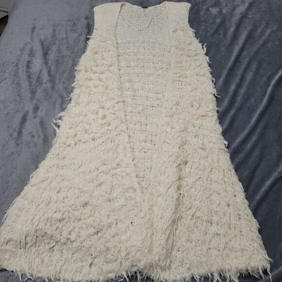 Free People Womens Small Open Front Kimono Cream Knee Length Fringes Sleeveless - Picture 1 of 12